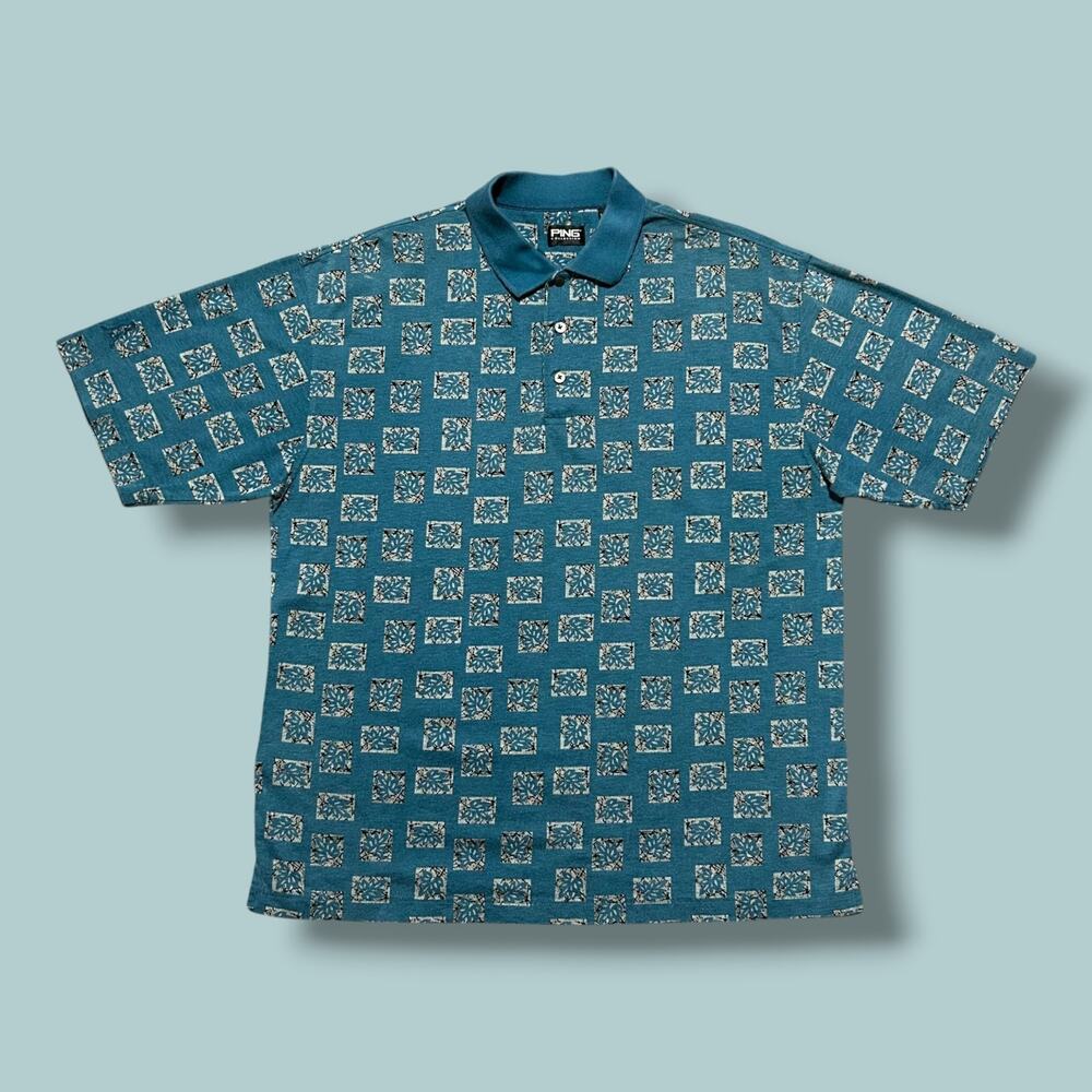 Vintage Polo Shirt Golf Tee Leaf Print Abstract Geometric Ping Blue Large